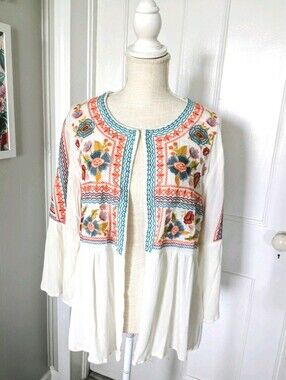 Time for Me Cardigan XL Embroidered Floral Open Front Kimono Ivory Colorful Boho